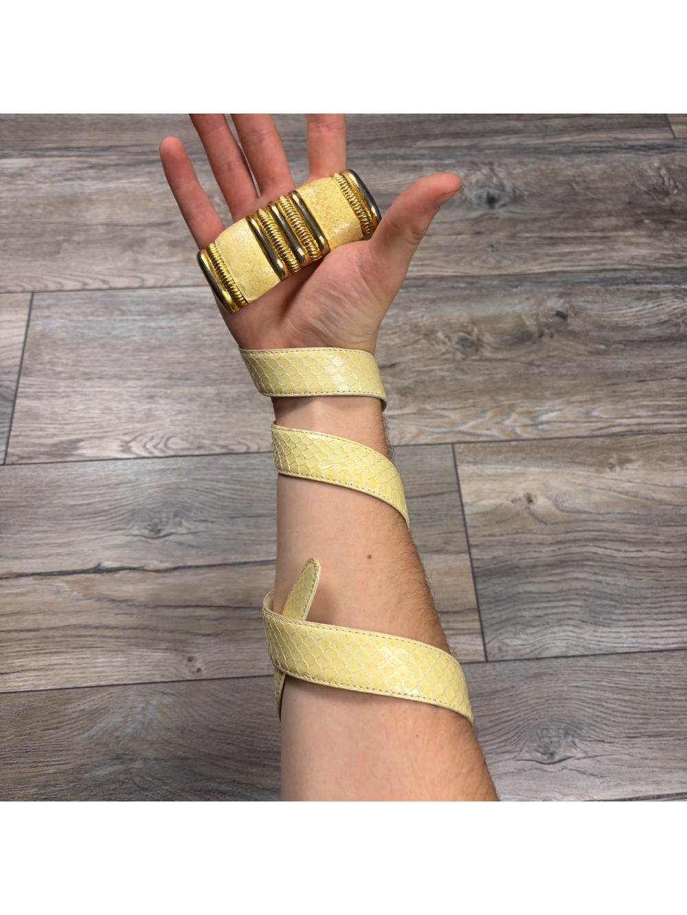 Yellow snakeskin belt with gold buckle